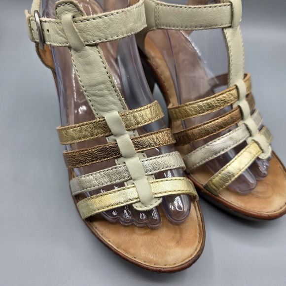 BORN Sandals Womens 9 Beige Mixed Metal Tones Leather Strappy Platform Heels - Picture 2 of 13